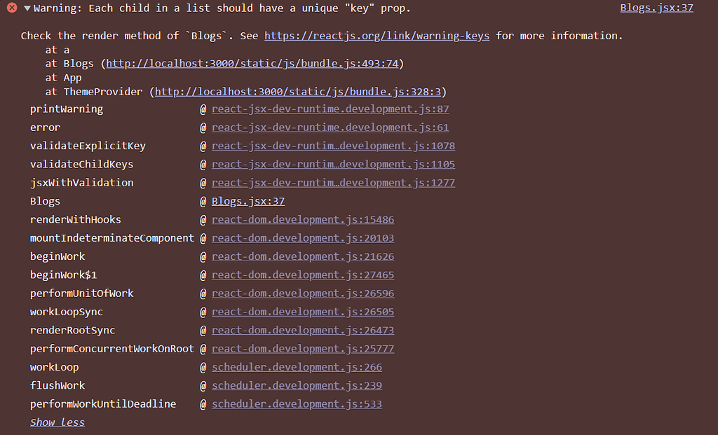 “Missing Key Prop for List Items” Warning in React
